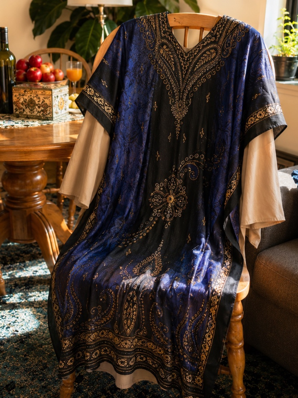 Artisan Navy Gold Beaded Kaftan Maxi Dress Boho Luxe Resort Wear OS
